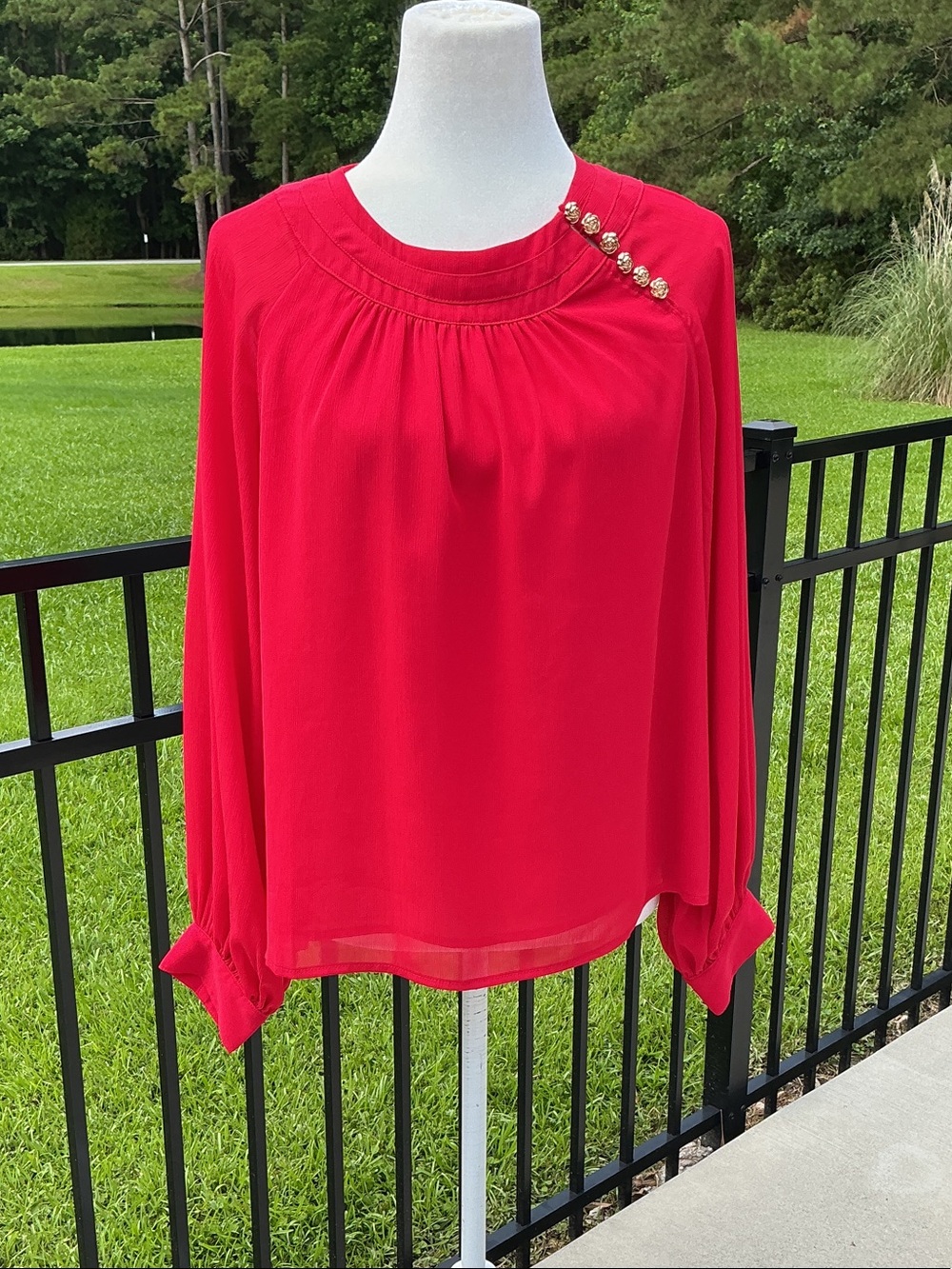 Jade Melody Tam Red Long-Sleeve Blouse with Gold Accent Buttons